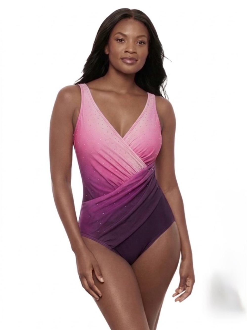 Miraclesuit Oceanus Ombré Faux Wrap Ruched Drape Wrap VNeck Swimsuit Purple Pink